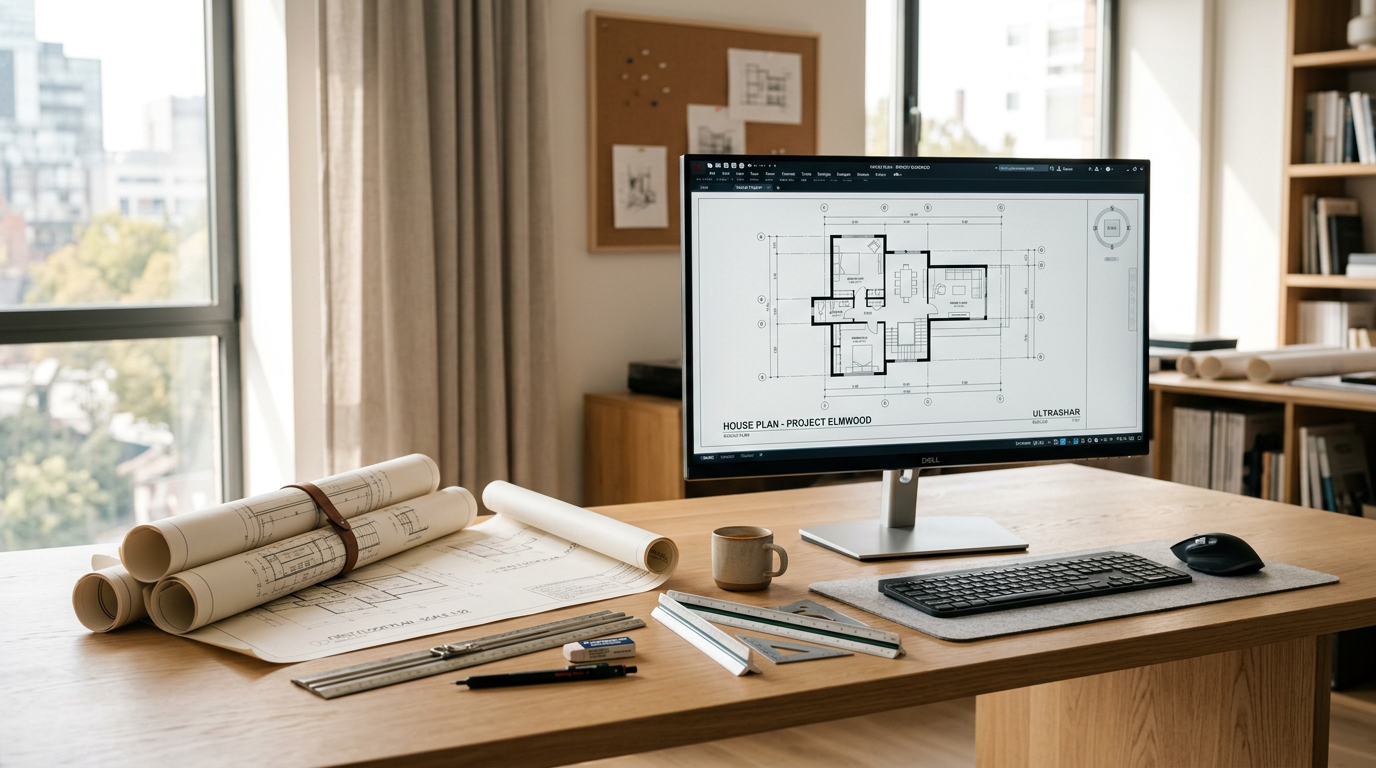 Architectural drafting workspace with blueprints and design tools