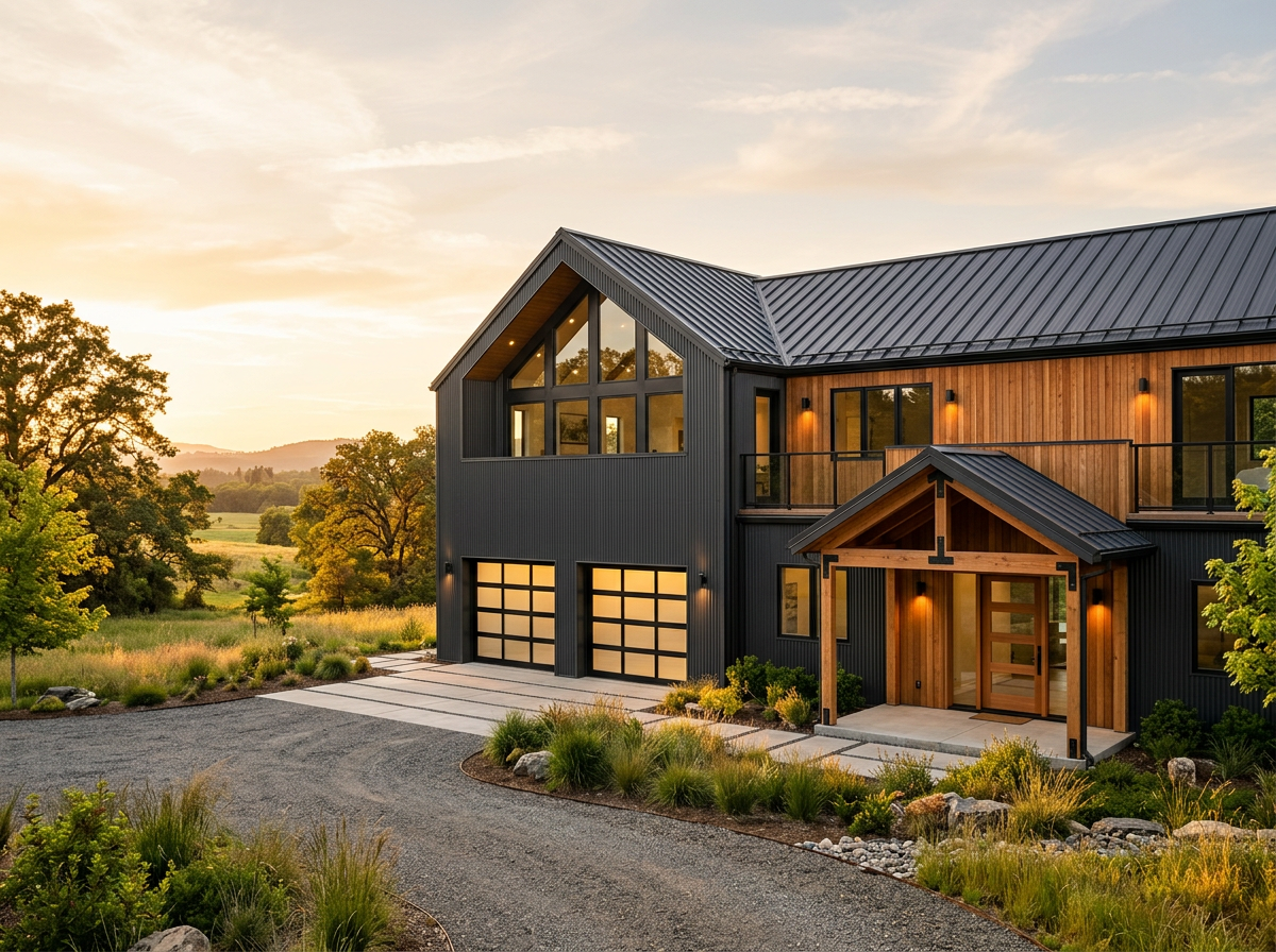 Modern barndominium with metal siding and wood accents