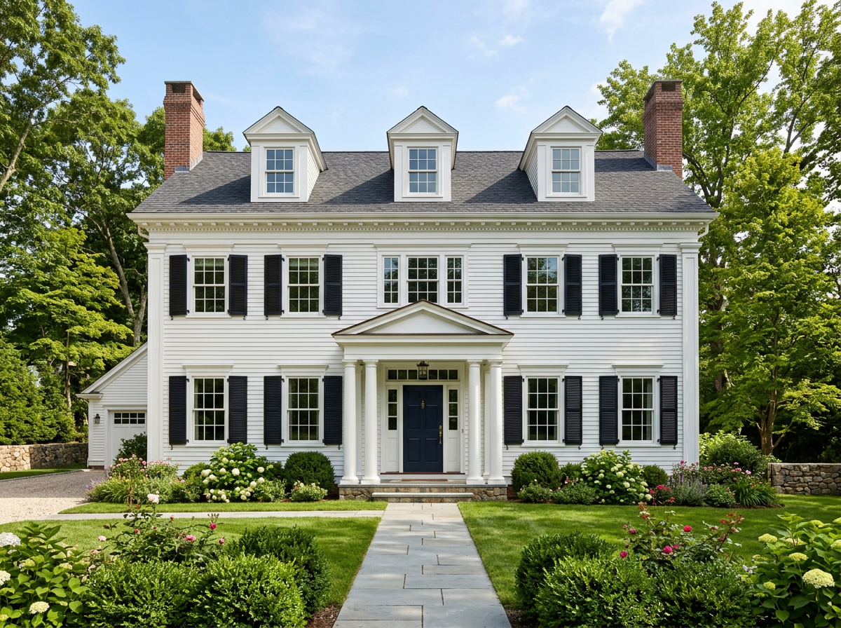 Colonial style home with symmetrical facade and white clapboard siding