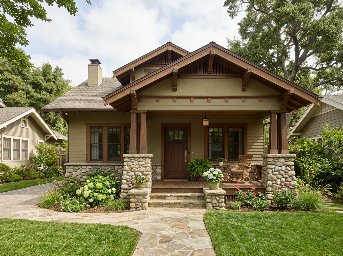 Craftsman style home with tapered stone columns and deep front porch