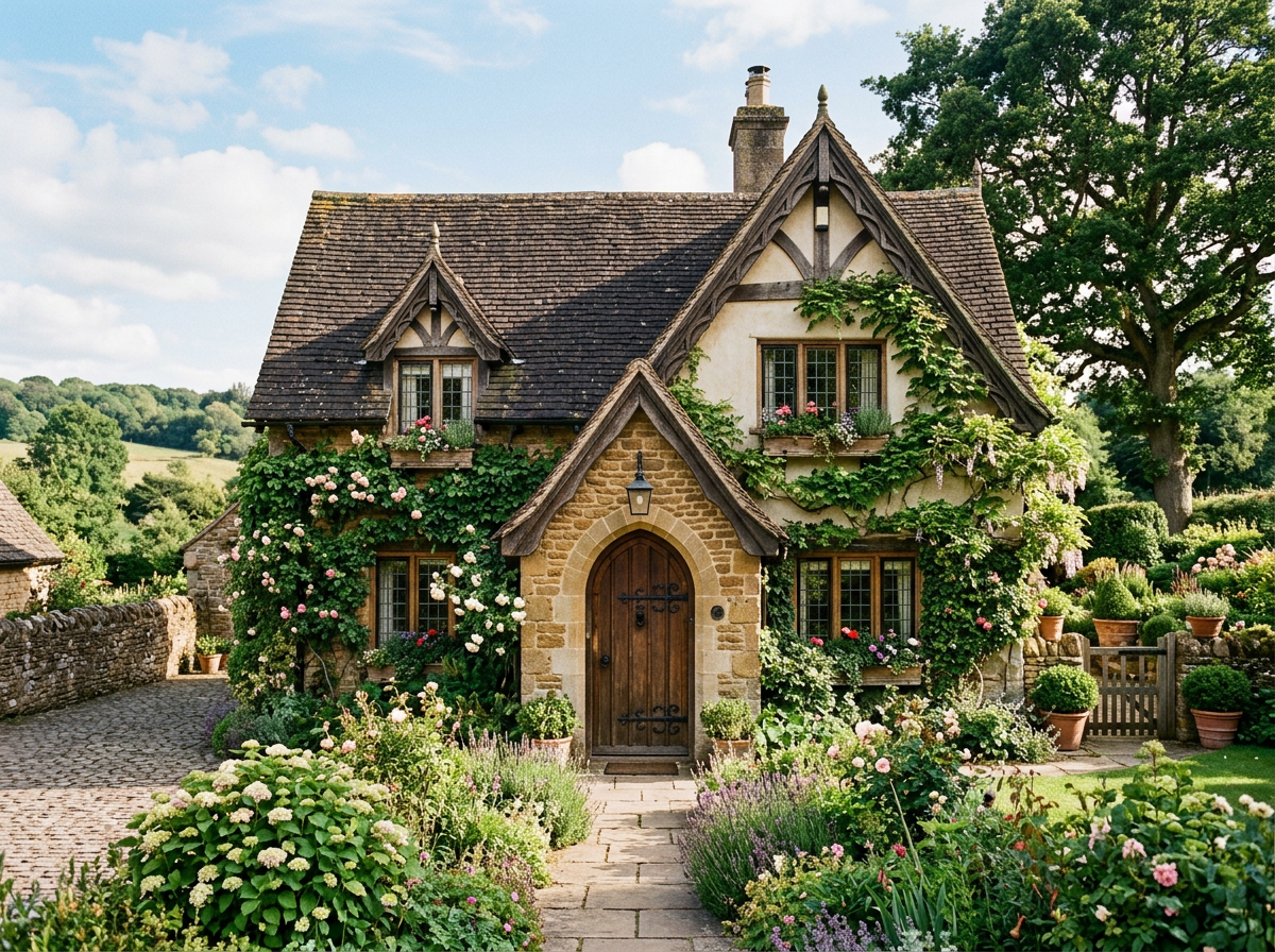 European cottage with steeply pitched roof and stone facade