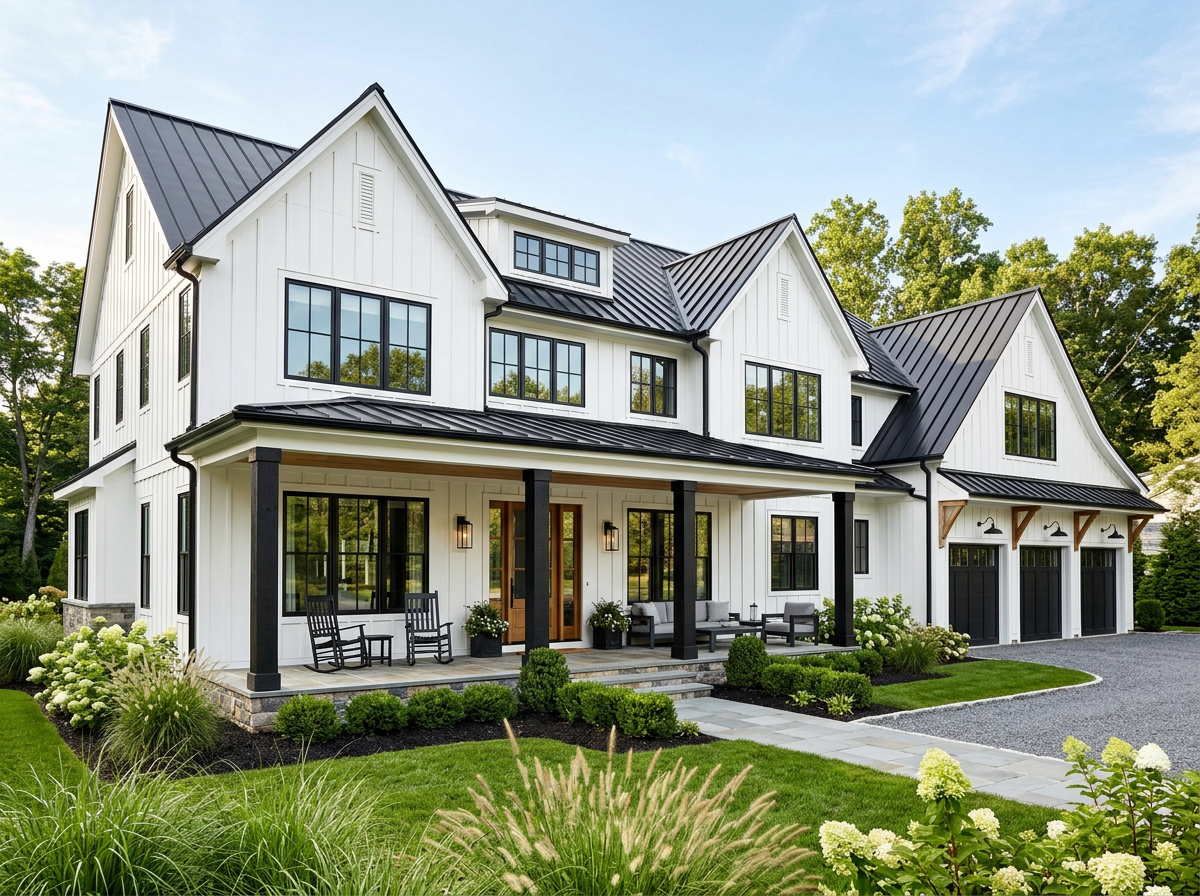 Modern farmhouse with white board-and-batten siding and black metal roof