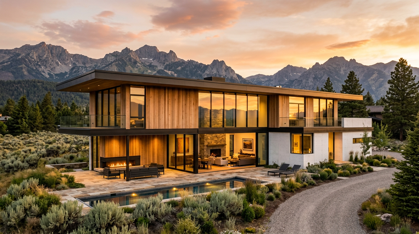 Modern luxury custom home exterior at golden hour in Southeast Idaho