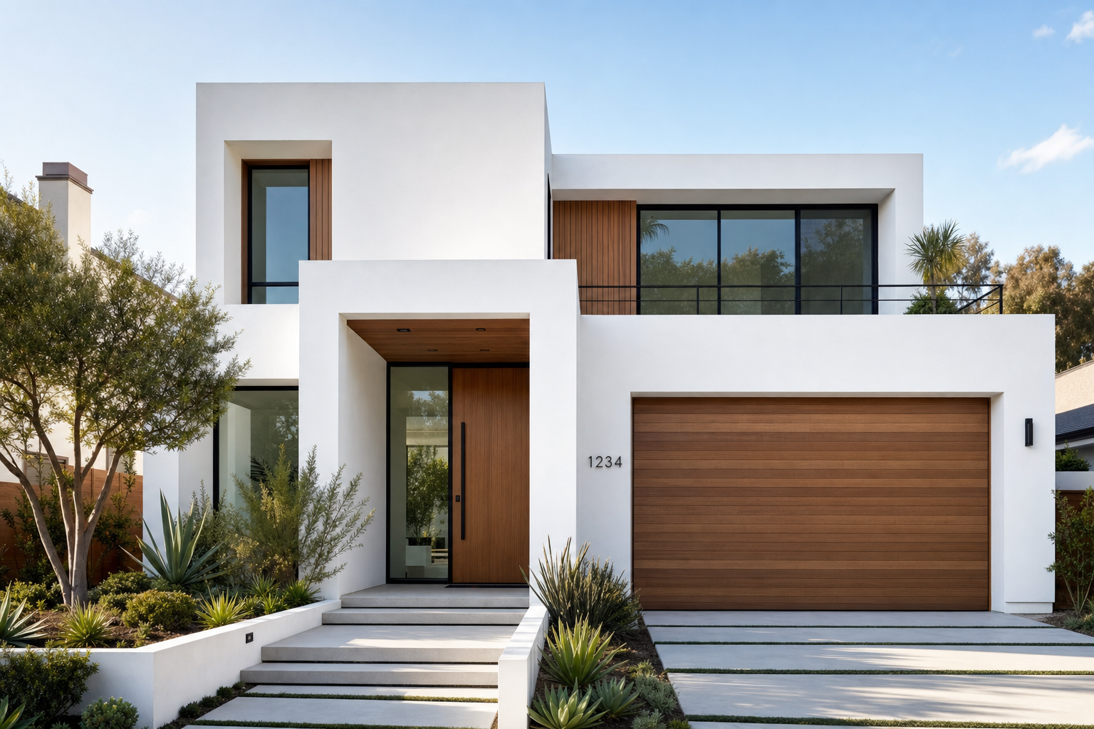 Contemporary home with white stucco and natural wood accents