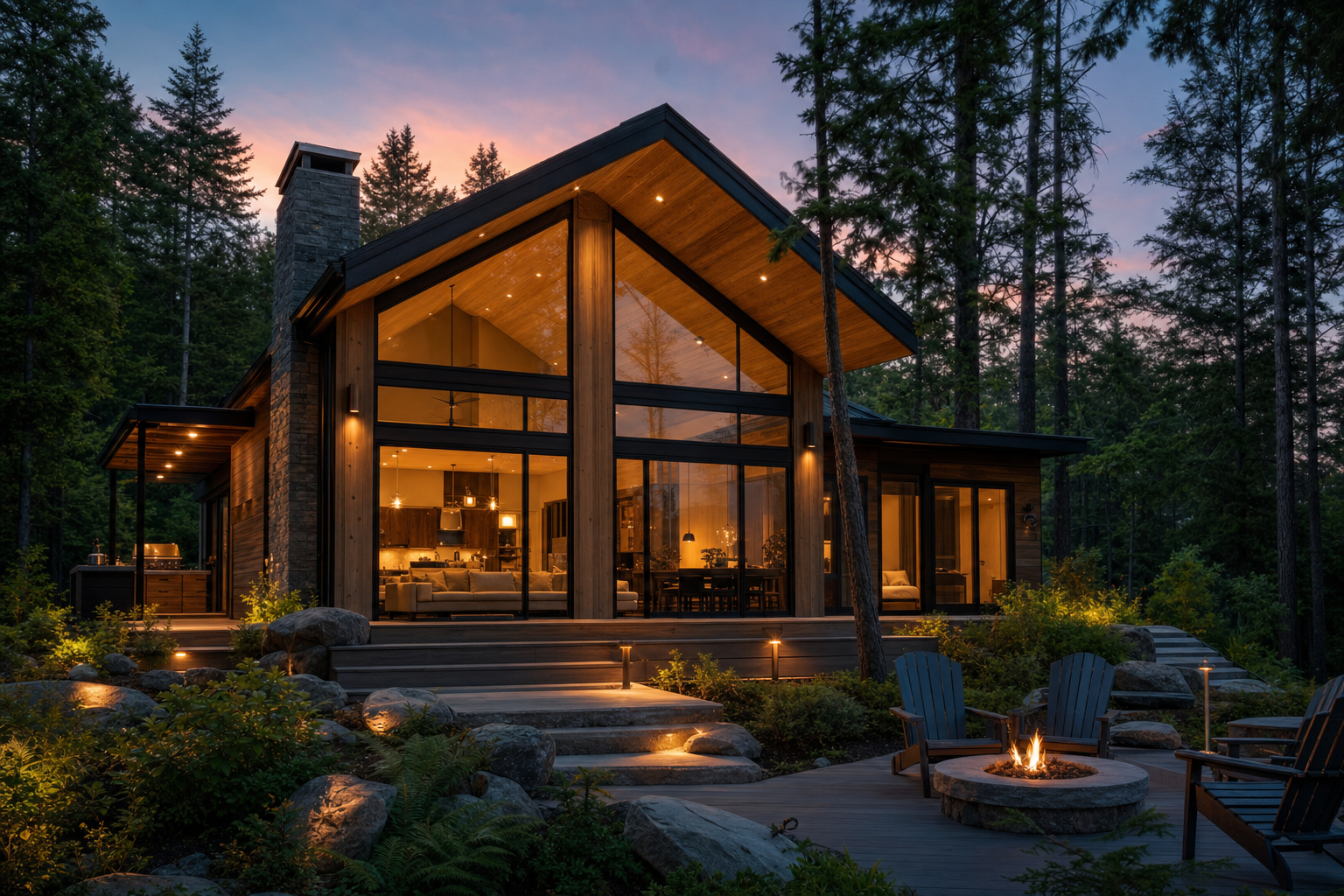 Modern cabin with floor-to-ceiling windows surrounded by trees