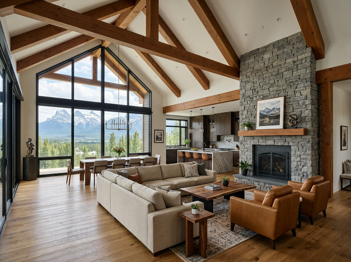 Luxury home interior with vaulted ceilings and mountain views